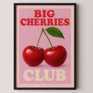 Cherry Poster - Big Cherries Club Digital Download, Retro Fruit Cherry Wall Art for Kitchen & Dining Room Decor