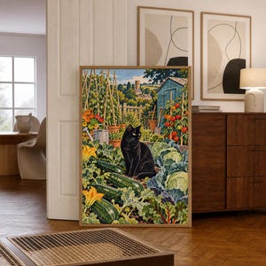 Black Cat Vegetable Garden | Cottagecore Vintage Style | Kitchen Wall Art | Wall Art Print