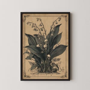 May include: A framed black and white botanical print featuring lily of the valley and skulls. The artwork has a vintage aesthetic, with detailed shading and a sepia-toned background. The frame is black.