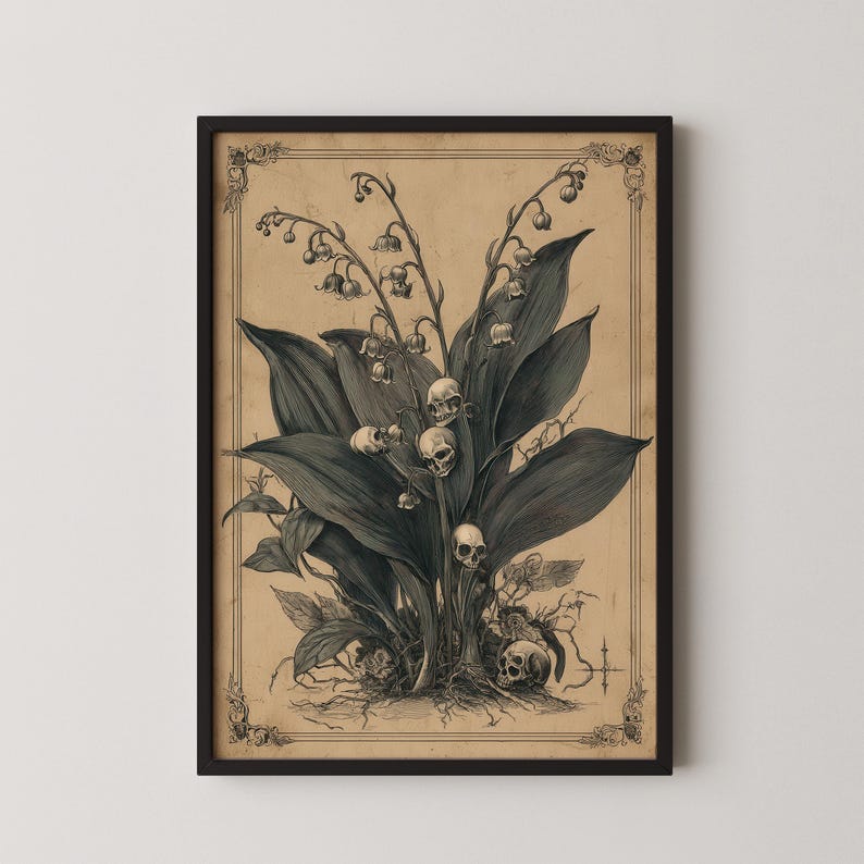 Close-up of a vintage Lily of the Valley botanical illustration featuring human skulls as flowers, set against a sepia background.