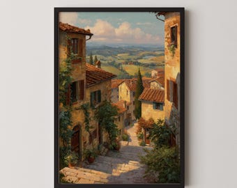 Dipinto di paesaggio toscano stampabile, arte murale di un villaggio italiano d'epoca per un arredamento rustico europeo