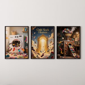 May include: Three framed art prints depicting the theme of lost socks. One shows a washing machine with a sock-filled mouth. Another features the text "Odd Sock Heaven" with socks falling towards a golden gate. The third print shows a sock sorting machine.