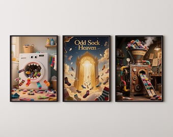 May include: Three framed art prints depicting the theme of lost socks. One shows a washing machine with a sock-filled mouth. Another features the text "Odd Sock Heaven" with socks falling towards a golden gate. The third print shows a sock sorting machine.