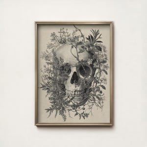Botanical Skull Print Vintage Anatomy Art Dark Academia Decor Gothic Etching Poster Digital Download