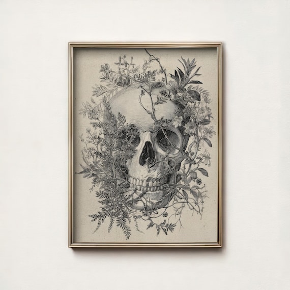 Botanical Skull Print Vintage Anatomy Art Dark Academia Decor Gothic Etching Poster Digital Download