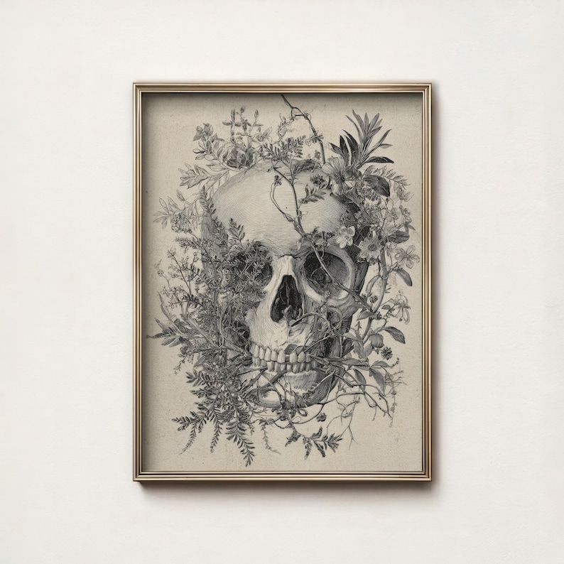 Black and white engraving style illustration of a human skull overgrown with vines and wildflowers.