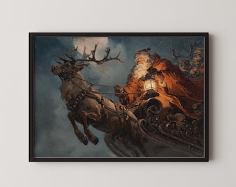 Vintage Santa Sleigh Reindeer Christmas Wall Art, Moody Holiday Print, Digital Download