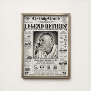 May include: A framed newspaper-style poster titled The Daily Chronicle with the headline Legend Retires. It features a black and white portrait of a person with a beard, surrounded by columns of text, 1987 historical facts, and graphic icons.