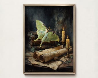 Luna Moth Oil Painting Print, Dark Academia Still Life (Digital Download)