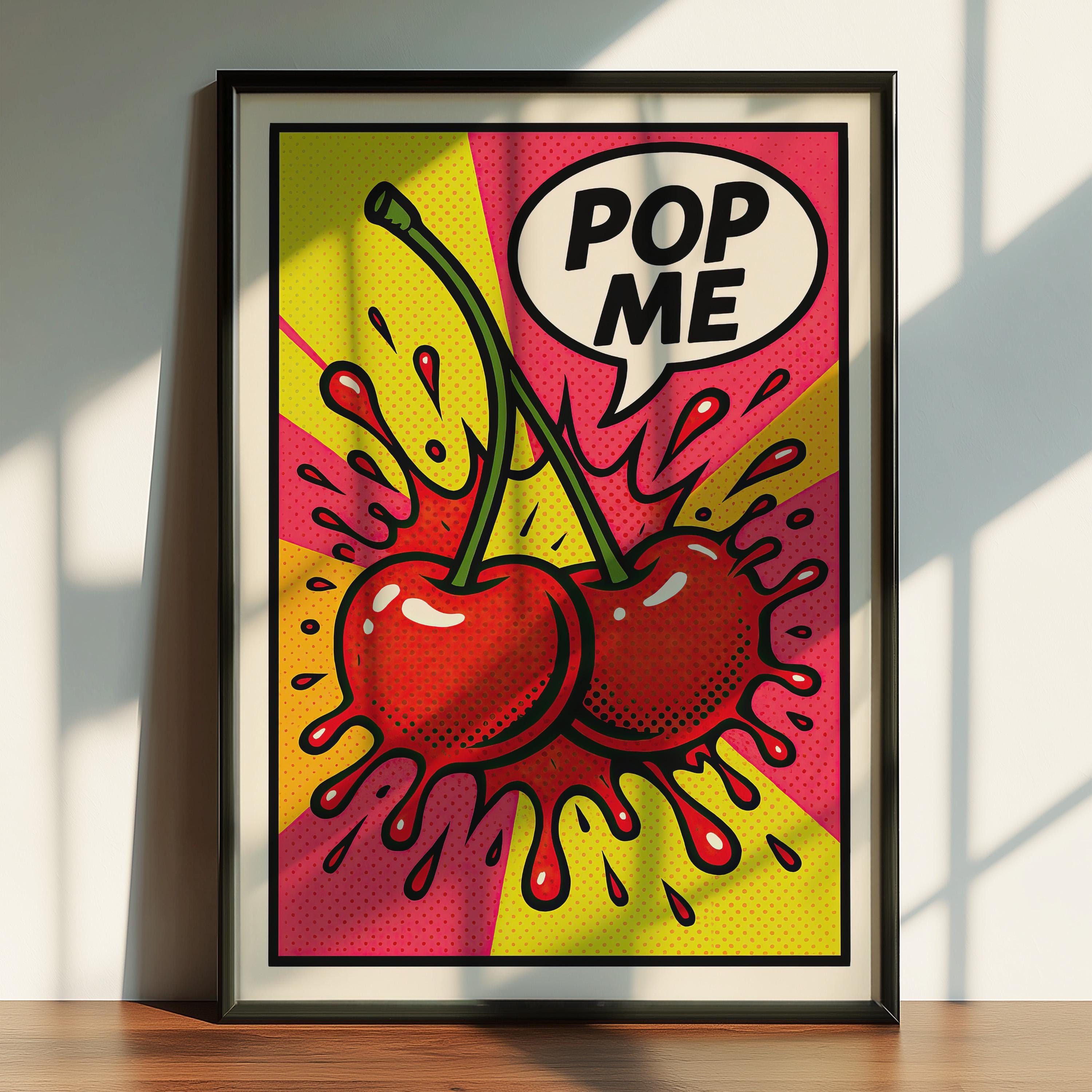 Cherry Pop Art Print, Retro Comic Book Wall Art, Maximalist Dorm
