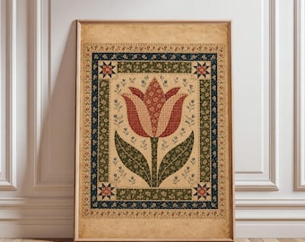 Vintage Tulip Quilt Block Print, Folk Art Floral Wall Art, Cottagecore Farmhouse Decor, Botanical Digital Download