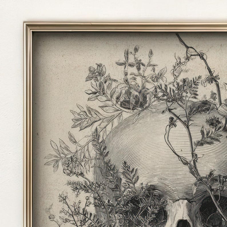 Close up of detailed skull drawing with hatching lines and floral elements for dark academia decor.
