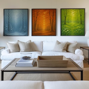 Printable Forest Panel Set – 3 Seasonal Nature Posters | Tree Triptych Wall Art Download | Digital Landscape Decor