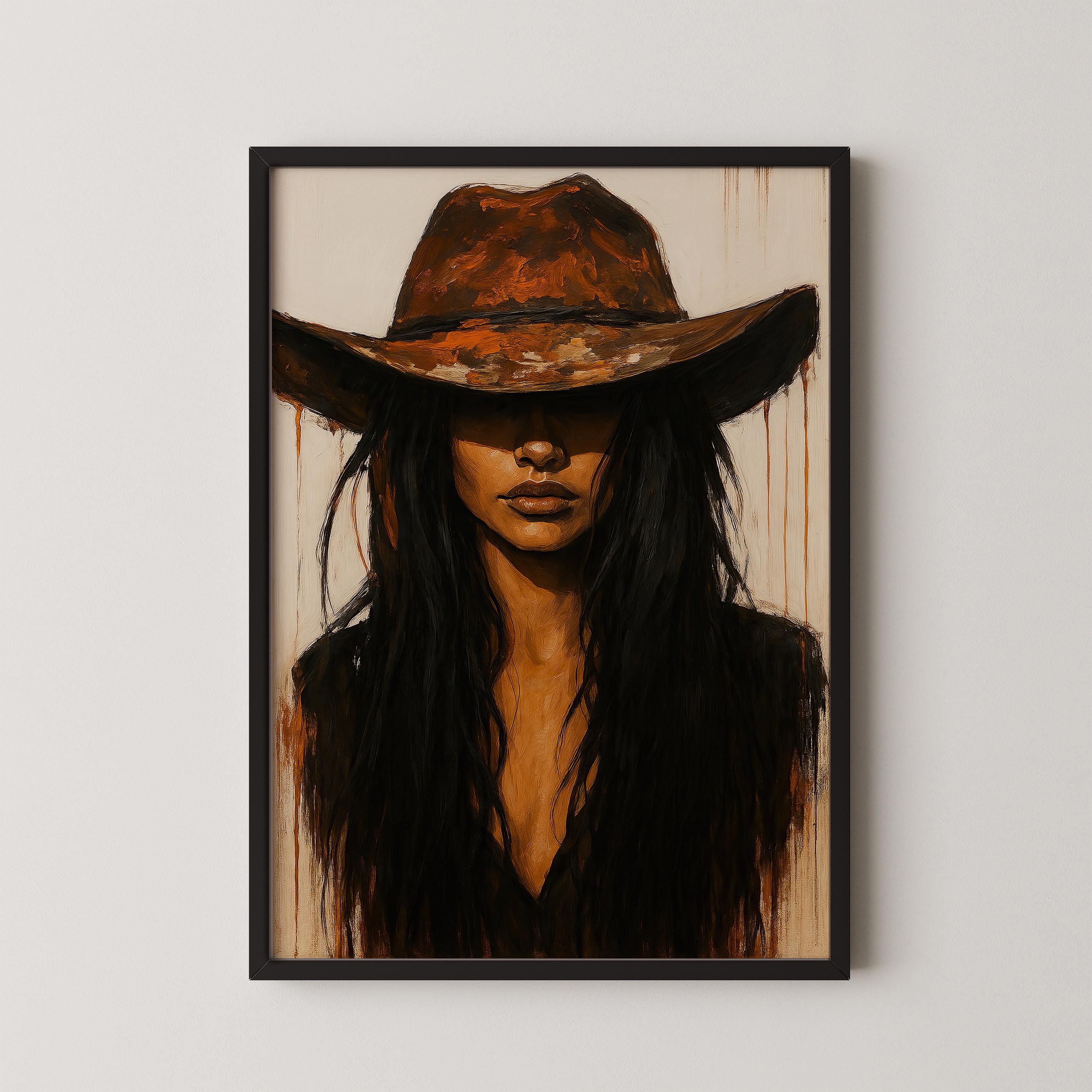 Grafika „Brunetka kowbojka”: Szykowna sztuka westernu (pobranie cyfrowe)