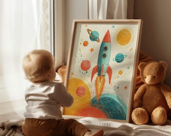 Retro Space Rocket Print, Vintage Mid Century Rocket Ship Wall Art, Kids Room Poster, Space Nursery Decor, Digital Download