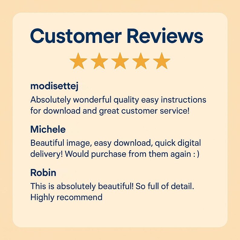 May include: A digital customer reviews graphic with the title "Customer Reviews" in dark blue. The graphic features five gold stars and customer testimonials praising quality, ease of use, and customer service.
