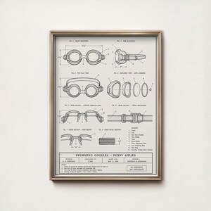 May include: A framed patent print for swimming goggles featuring technical line drawings, including front, side, and top elevations, cross-sections, and an exploded view. The document includes labels, a legend, and text reading SWIMMING GOGGLES.