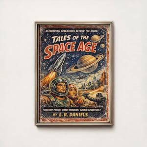 May include: A framed vintage-style poster titled "Tales of the Space Age." The artwork depicts a rocket ship, planets, and astronauts in space suits. The poster has a distressed, aged appearance with text that reads "Astounding Adventures Beyond the Stars!" and "By L. R. Daniels."