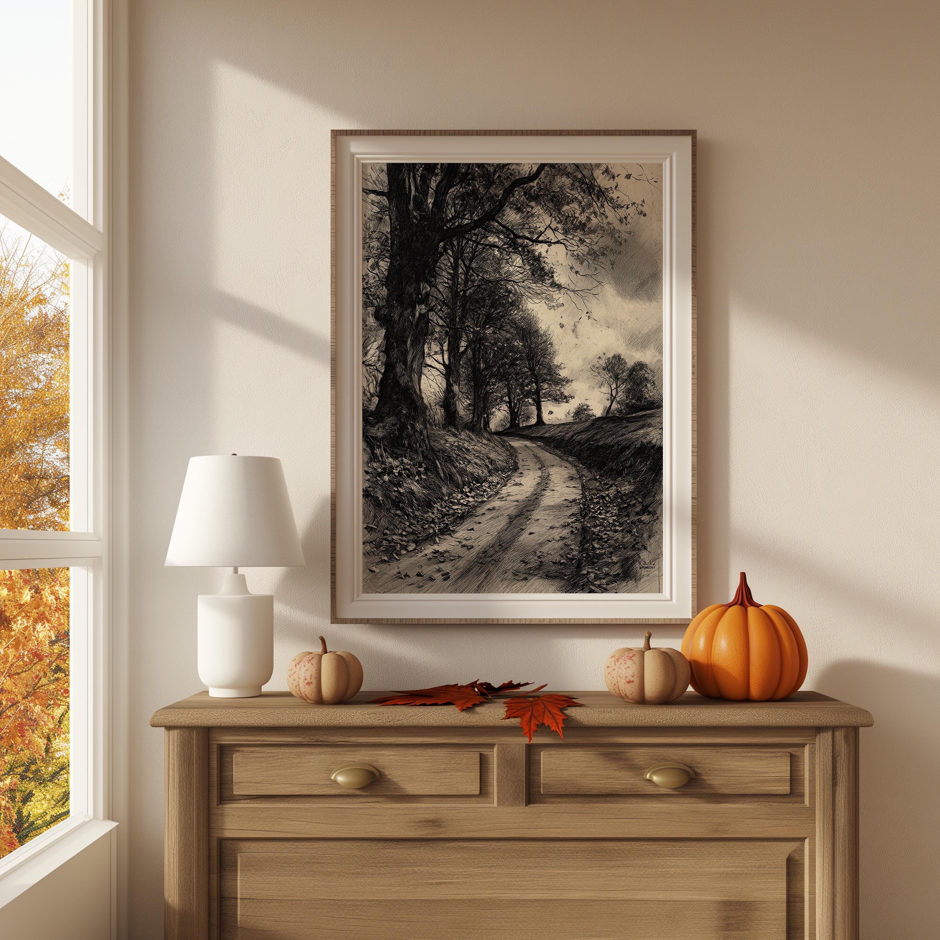 Rustic Forest Path Charcoal Sketch Print: Sepia Autumn Landscape