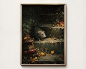 Lámina vintage de ratón, arte mural de estilo Dark Academia con temática literaria, decoración de biblioteca, arte de hiedra otoñal, descarga digital.