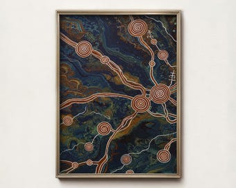 Aboriginal Style Dot Painting Blue Ochre Wall Art Large Abstract Canvas Print Indigenous Dreamtime