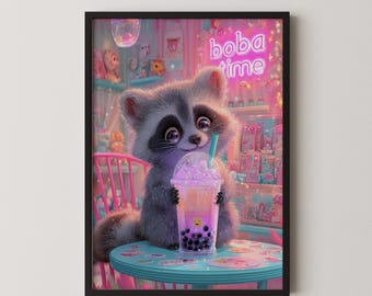 Impresión artística digital de mapache bebiendo té boba, decoración de pared kawaii vibrante para habitación infantil