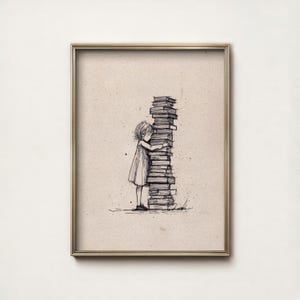 May include: A framed wall art print featuring a black ink sketch on a textured beige background. The illustration depicts a child in a simple dress standing and embracing a tall, precarious stack of books that reaches above their head.
