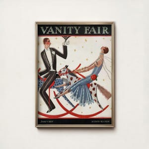Può includere: Illustrazione di copertina vintage incorniciata della rivista "Vanity Fair". L'opera raffigura due figure su cavalli a dondolo, una in smoking e l'altra in abito blu. La copertina è datata giugno 1925 e include il prezzo.