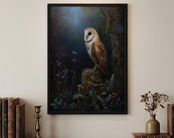 Vintage Barn Owl Print, Dark Academia Wall Art, Antique Owl Painting Digital Download
