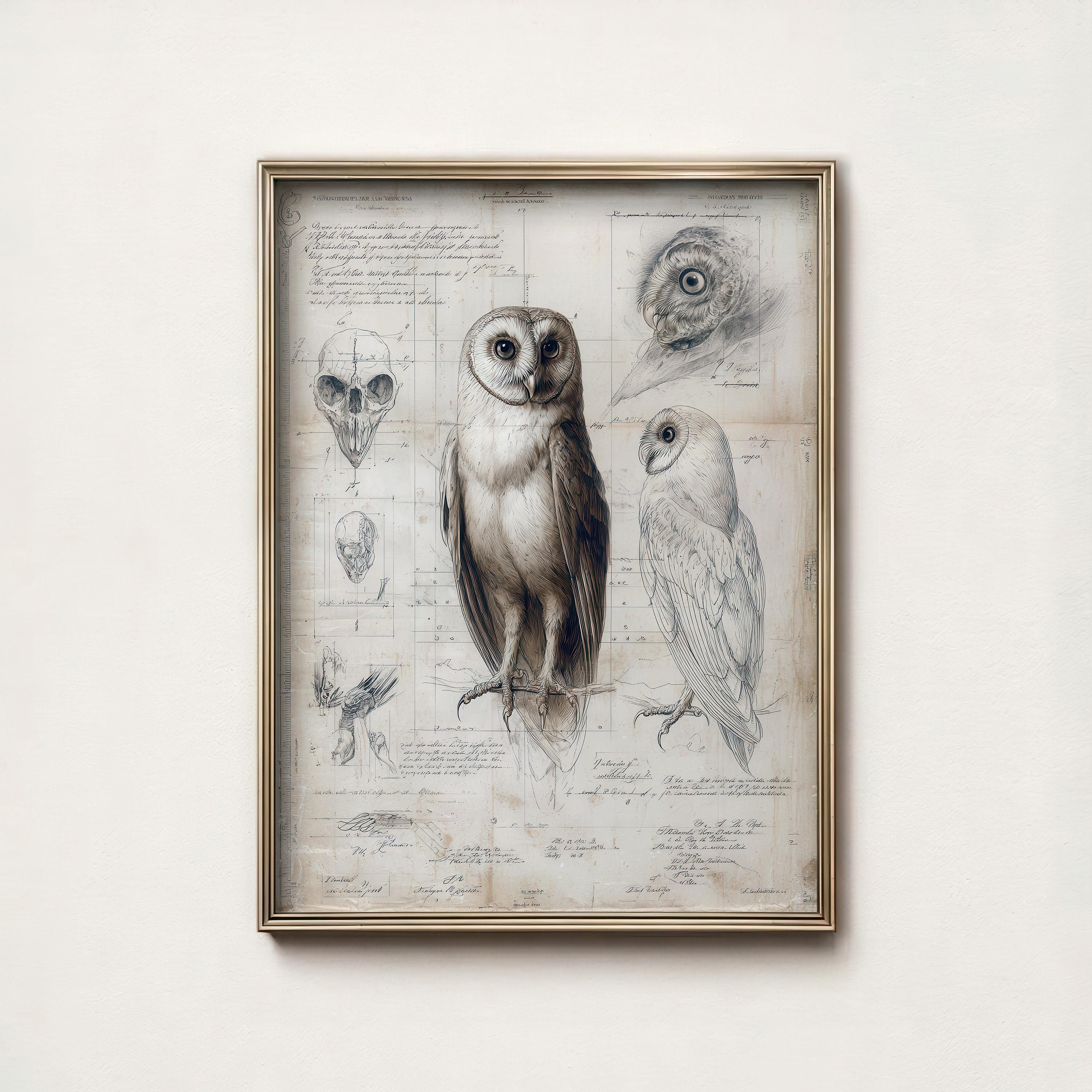 Vintage Barn Owl Anatomy Sketch Dark Academia Wall Art Scientific Bird Illustration Digital Download