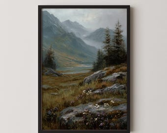 Scottish Highlands Landscape Oil Painting Print, Moody Mountain Lake Digital Download