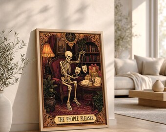 Funny Tarot Card Skeleton Print, People Pleaser Gothic Wall Art, Dark Academia Decor, Digital Download