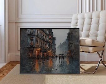 Lámina de acuarela con ambiente melancólico de calle de ciudad europea, arte mural de viaje con lluvia, descarga digital estilo Dark Academia.