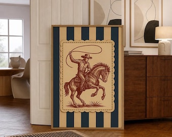 Vintage Western Cowboy Horse Wall Art Print, Rustic Lasso Decor, Americana Digital Download