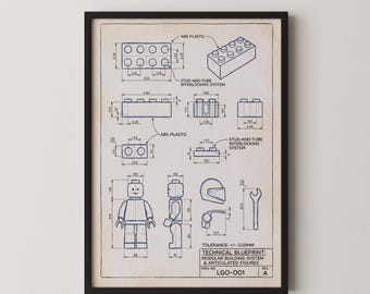 Vintage Building Brick Blueprint Print, Toy Block Patent Wall Art, Kids Playroom Decor (Digital Download)
