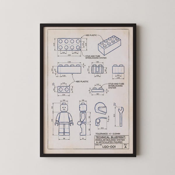 Vintage Building Brick Blueprint Print, Toy Block Patent Wall Art, Kids Playroom Decor