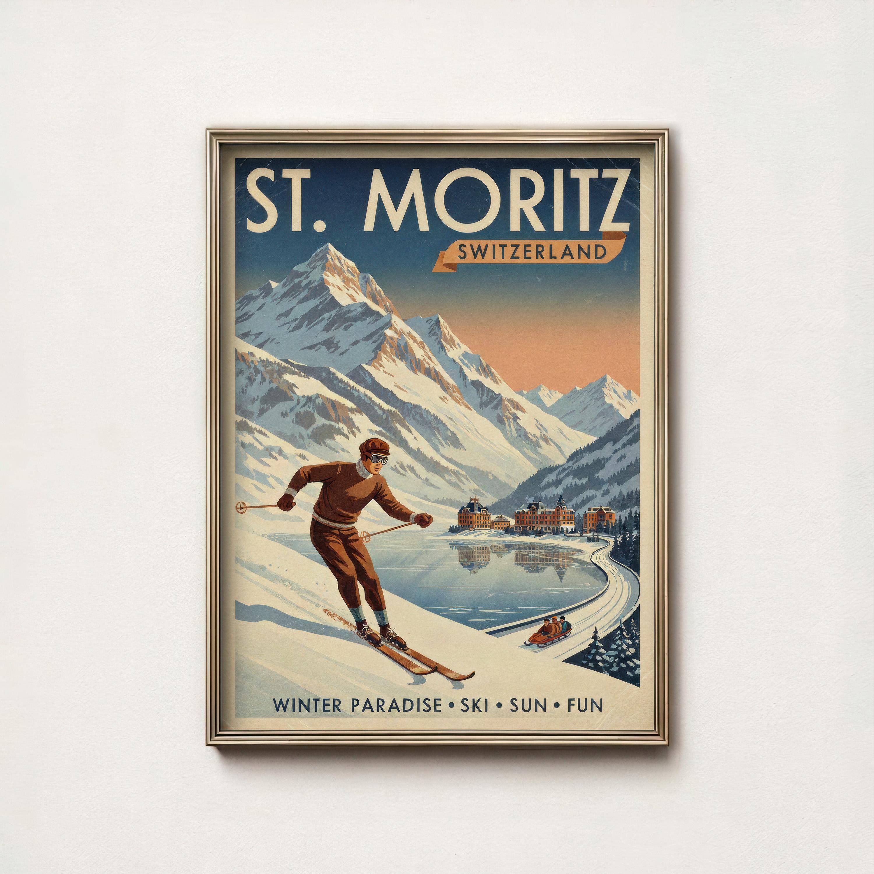 St Moritz Ski Poster Vintage Switzerland Travel Art Alpine Decor