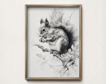 Detailed Squirrel Pencil Drawing Fine Art Print For Botanical Nature Lover Minimalist Wall Decor