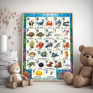 May include: An educational alphabet poster featuring various sea creatures, each paired with a letter of the alphabet. The colorful illustrations include an Angelfish, Blue Whale, Crab, Dolphin, and Eel, among others. The poster is framed and suitable for a child's room.