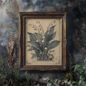 Detailed view of macabre skull flowers on an antique-style print, perfect for dark academia decor.