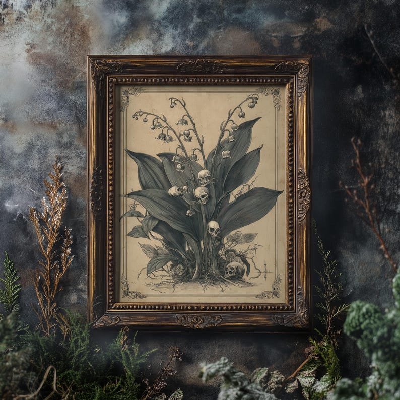 Detailed view of macabre skull flowers on an antique-style print, perfect for dark academia decor.