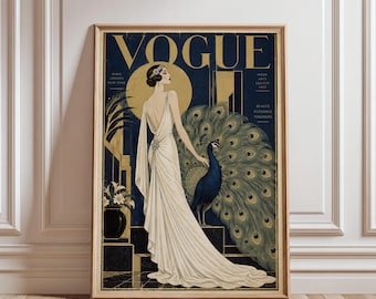 Art Deco Vogue Fashion Print, 1920s Flapper Woman Peacock Poster, Vintage Glam Wall Art, Paris London New York (Digital Download)