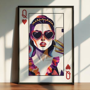 Influencerka Królowej Kier – Wydruk kart do gry w stylu pop-artu • Modna cyfrowa sztuka ścienna • Dekoracja dziewczęcej galerii