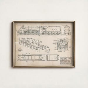 Op de afbeelding: Ingelijste blauwdruk van de LNER A4 Mallard stoomlocomotief, een 4-6-2 Pacific type. De gedetailleerde technische tekening toont de componenten van de motor, inclusief de ketel, wielen en cabine, met afmetingen en specificaties. De tekst bevat "LNER A4 MALLARD".