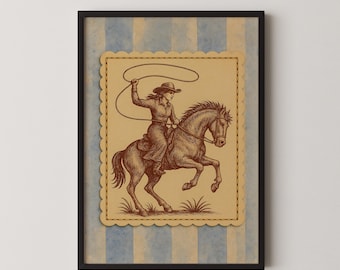 Lámina vintage de vaquera del oeste a caballo, arte mural rústico americano, descarga digital.