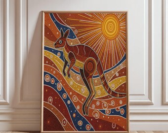 Kangaroo Wall Art Print, Australian Animal Decor, Aboriginal Dot Painting Style Digital Download