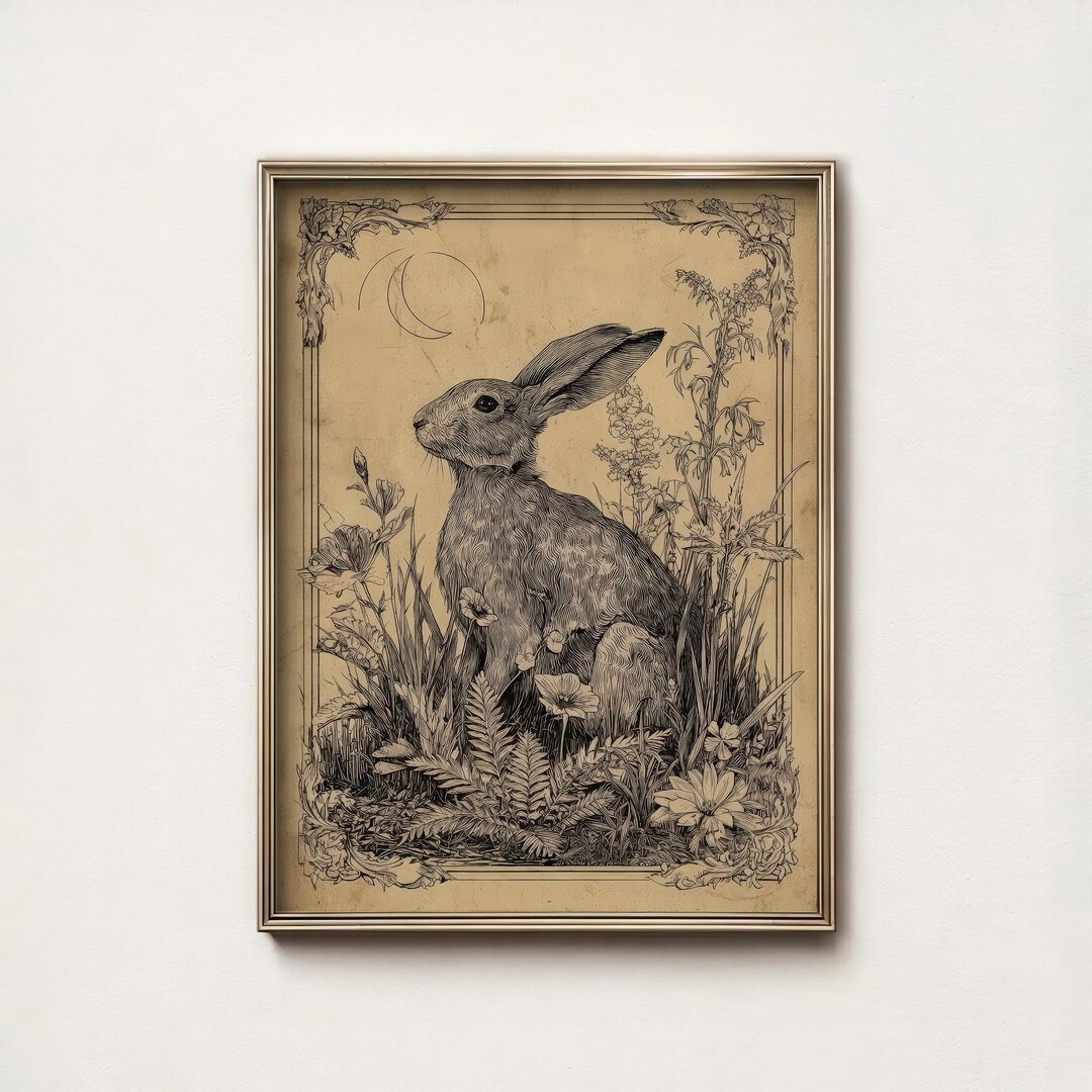 Sepia Point Rabbit Vintage Macabre Printable Art Rabbit Gothic Hare Moon Botanical Sepia ...