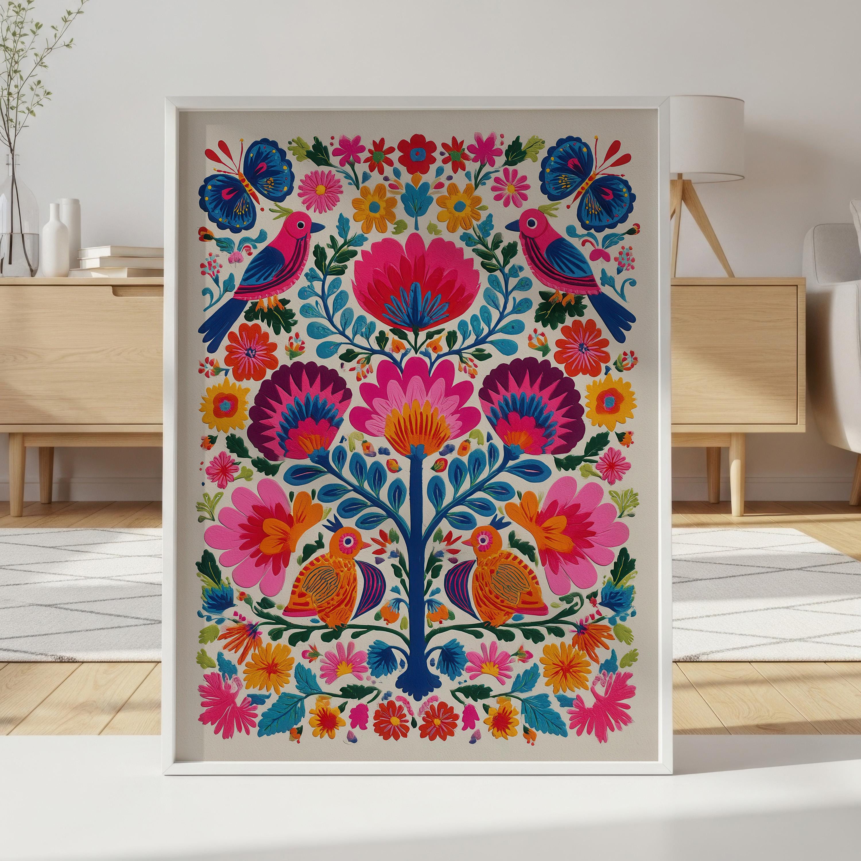 Mexican Folk Art Print Colorful Birds and Flowers, Bohemian Tree of ...