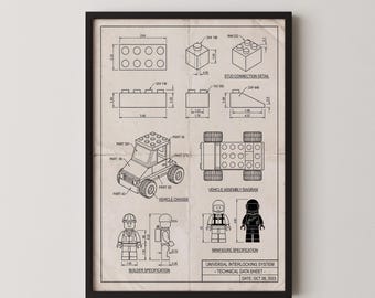 Patentprint speelgoedsteen, blauwdruk minifiguur, vintage stijl speelkamermuurkunst, digitale download