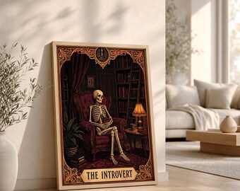 Gothic Skeleton Tarot Card Print, Dark Academia Wall Art for Book Lovers, Digital Download